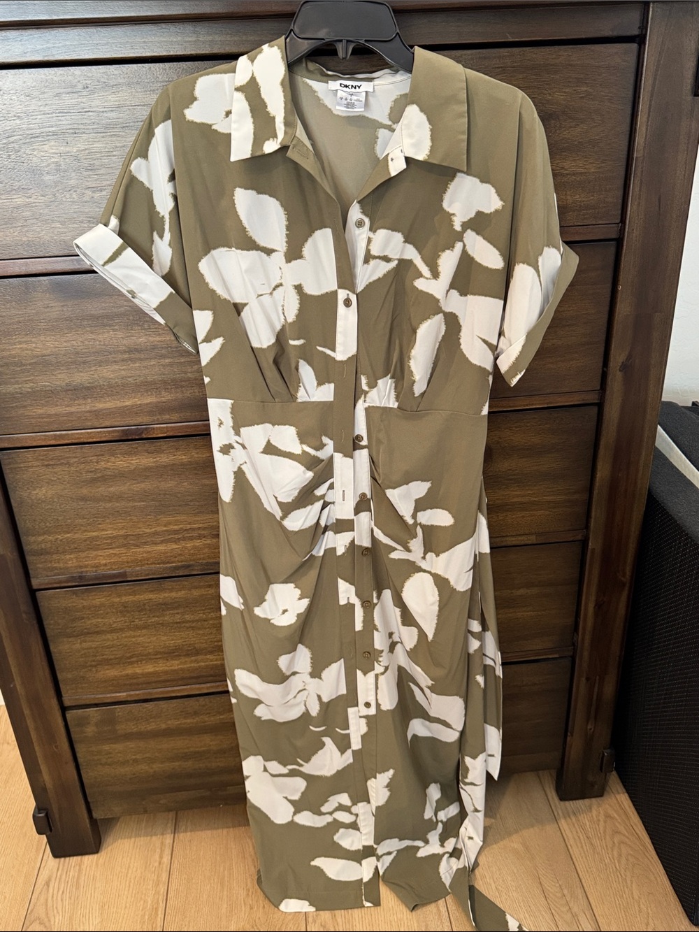 DKNY Olive and White Floral Button-Front Midi Dress